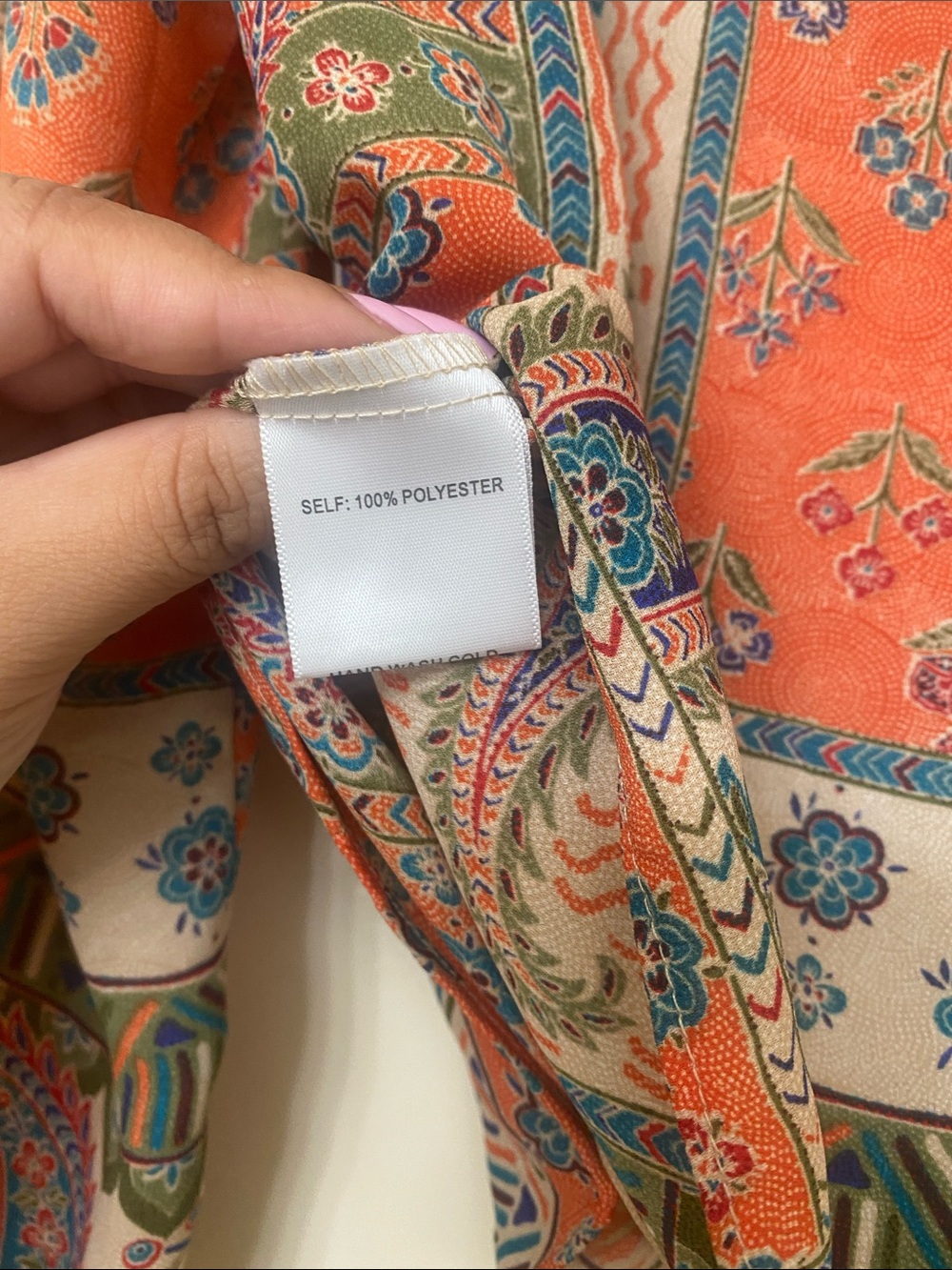 Rose & Olive Orange and Cream Paisley Tie-Front Button-Down Shirt - Picture 5 of 5
